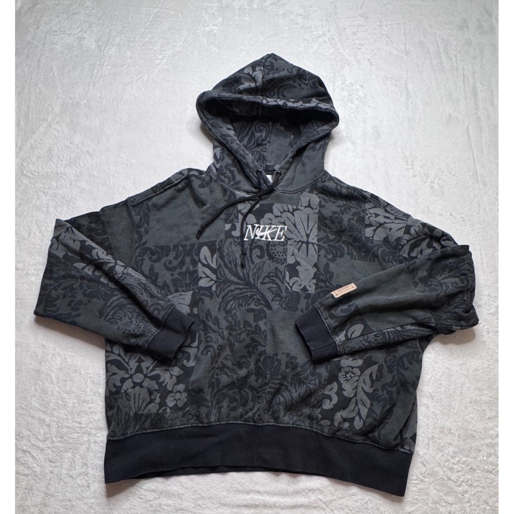 Nike Sportswear Gel Revival Womens L Black Grey Floral Oversized Fleece Hoodie